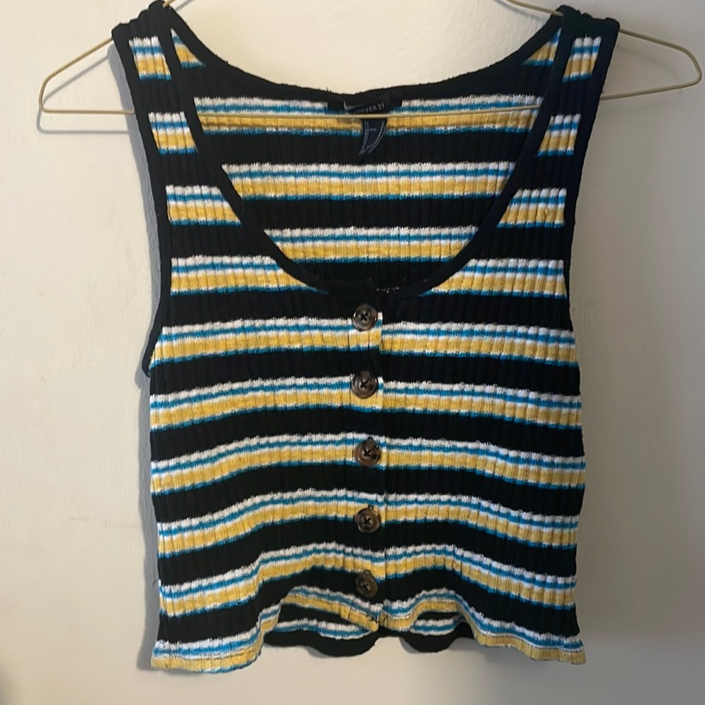 Black,yellow,white, and blue crop tank